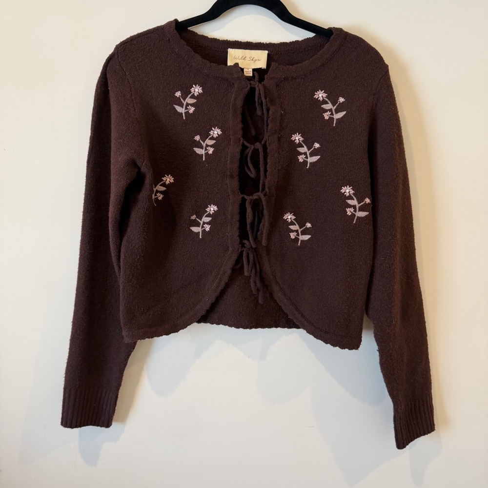 Wild Skye Brown Embroidered Floral Bow Tie Sweater Cardigan Size S